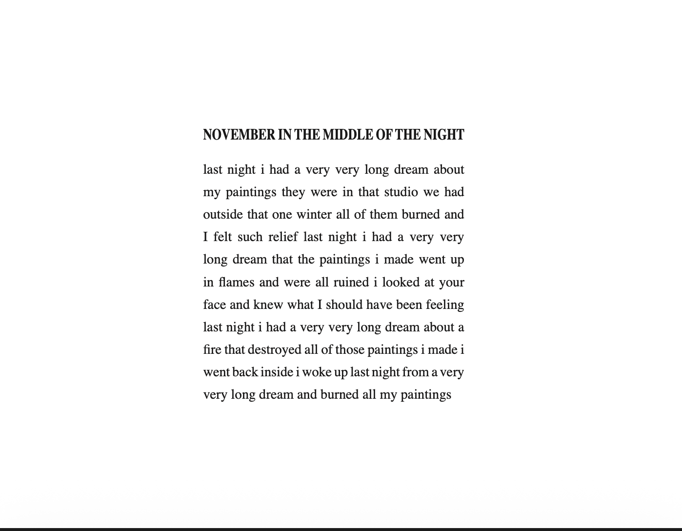 A typed poem titled 'November in the Middle of the Night' discussing dreams and paintings burning in a fire.