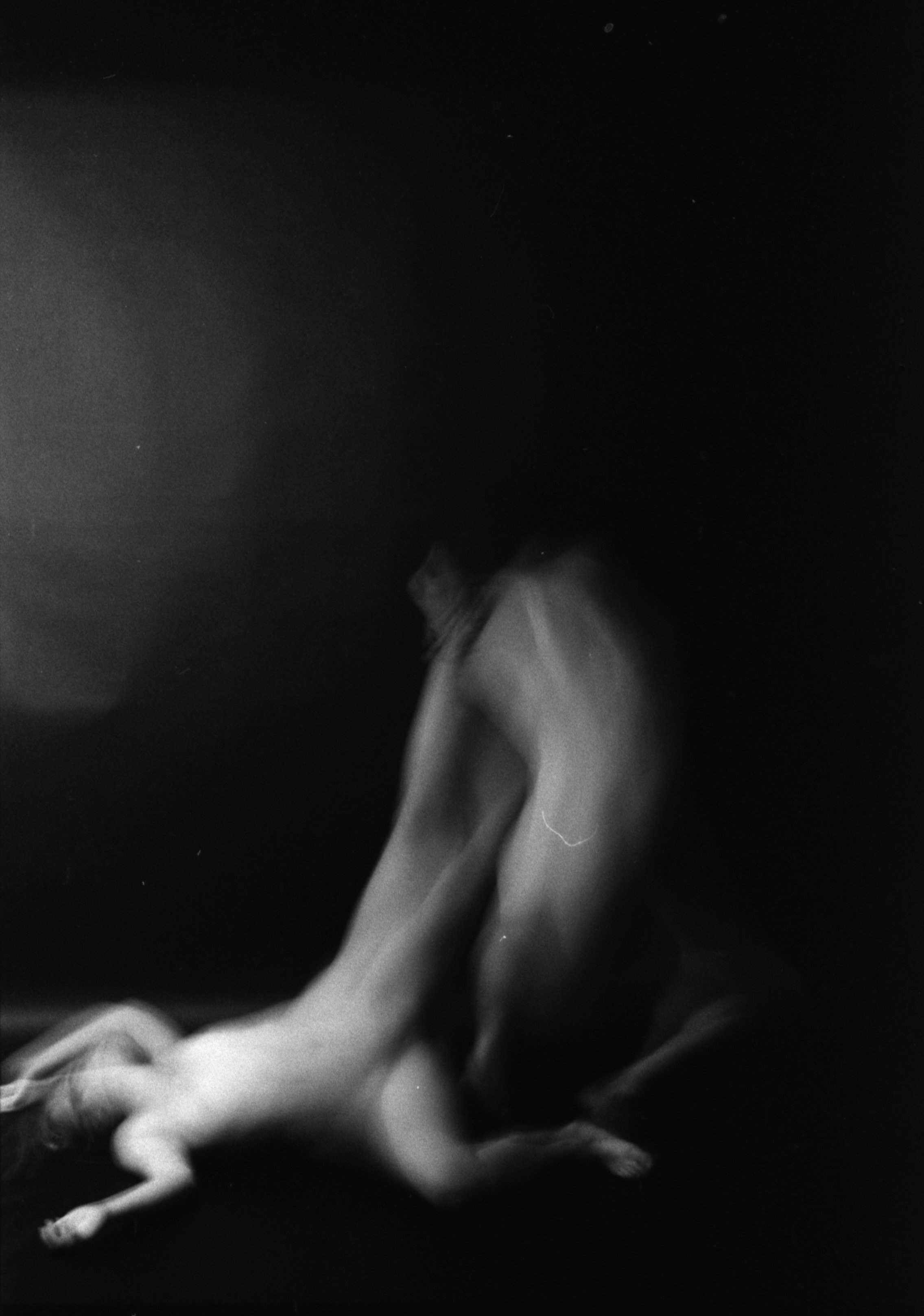 A black and white photo of a dog lying on a dark surface, with only part of its body visible.