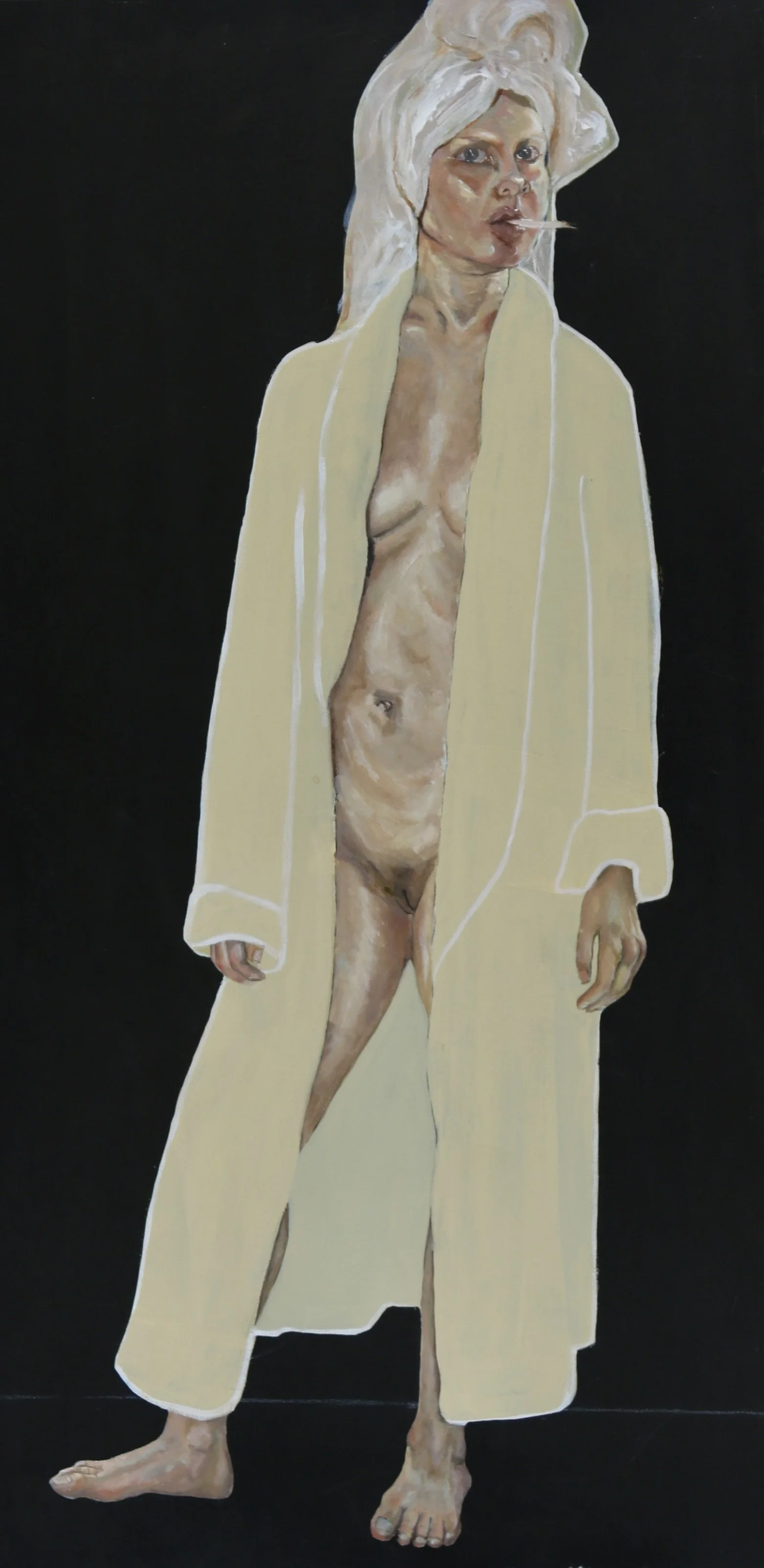 Nude woman with a towel draped over her shoulders, standing against a black background.