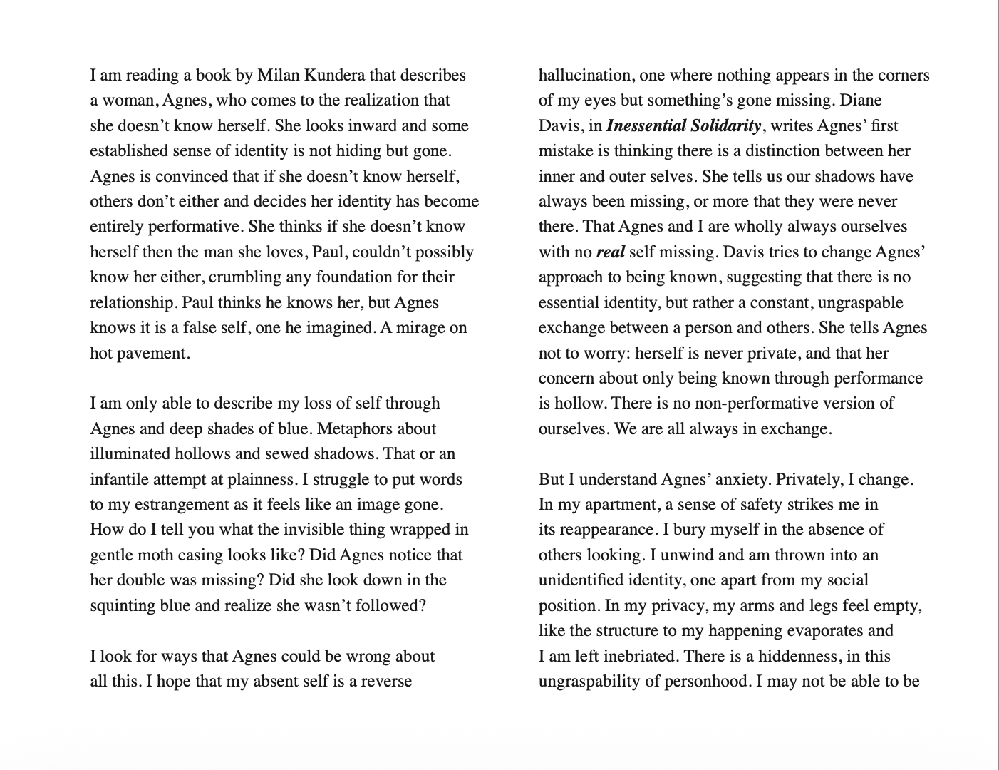 A page from a book with text discussing identity, perception, and self-awareness, referencing the book 'Inessential Solidarity' by Diane Davis.