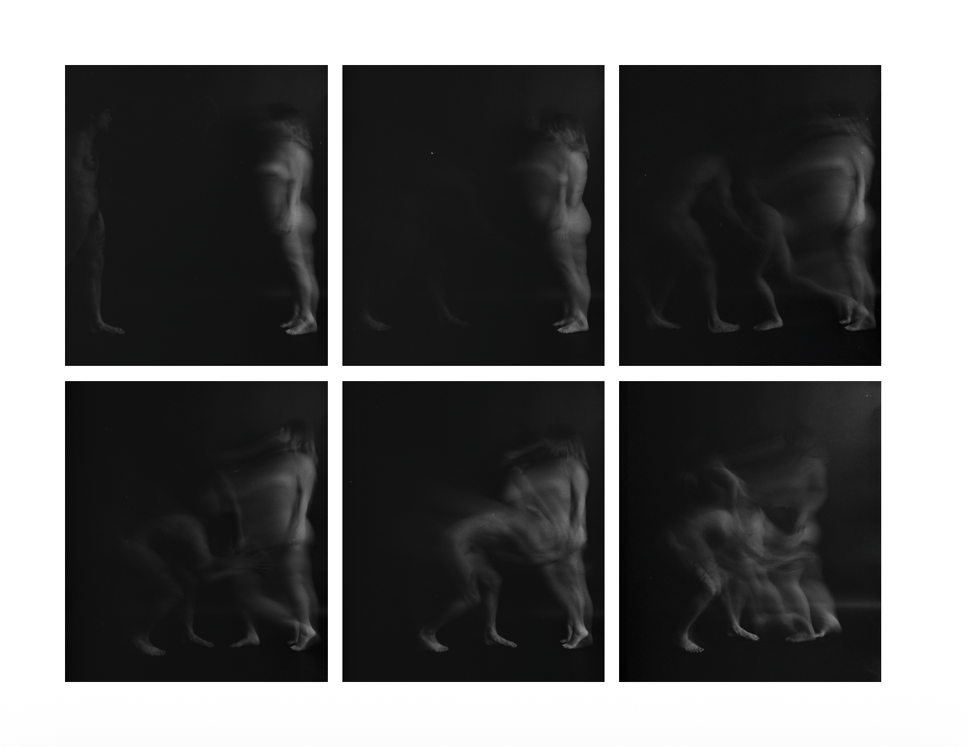 Six black-and-white photos showing a blur effect of a person changing from a standing position to a squatting motion, with a dark background.