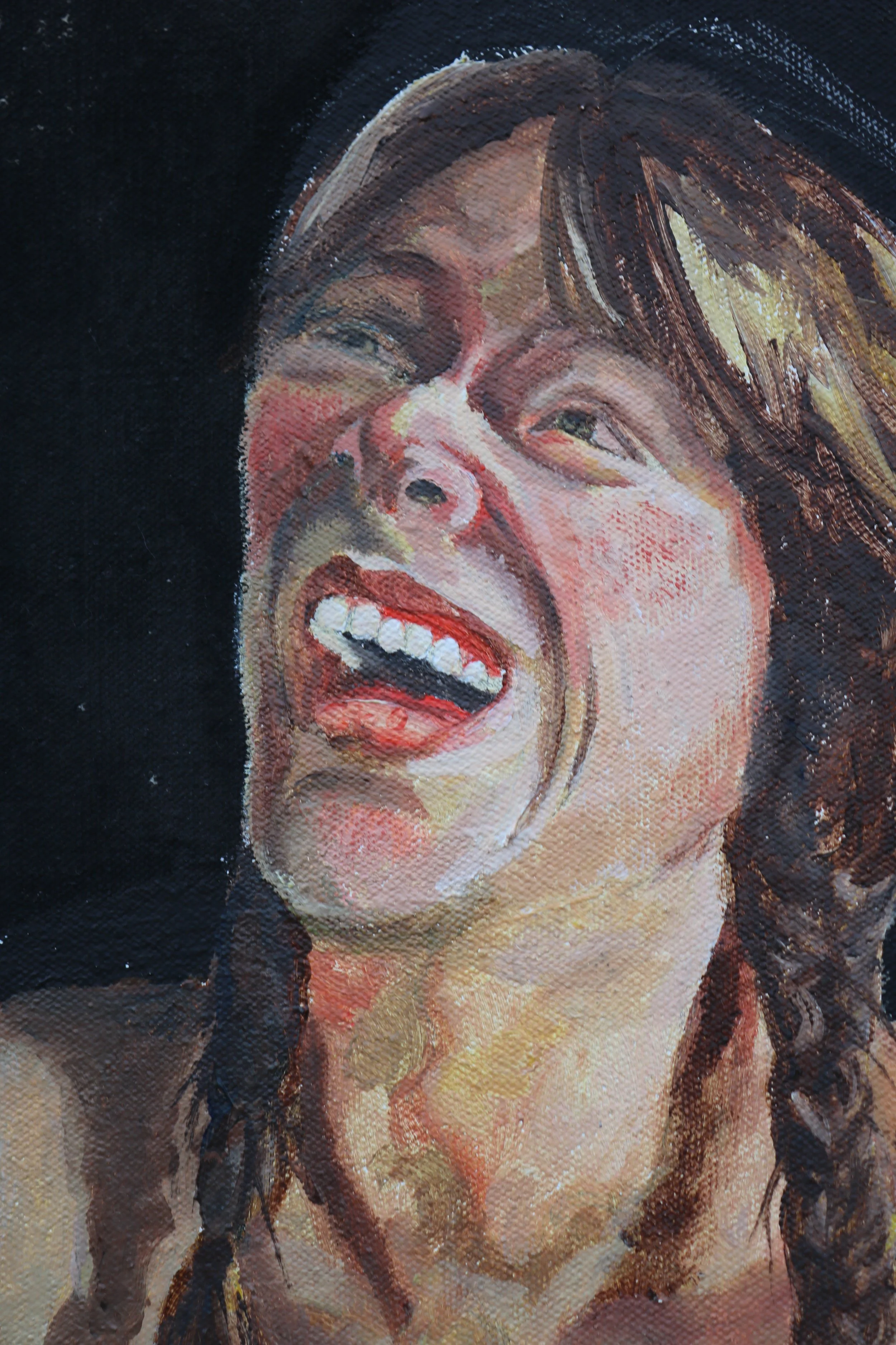 Close-up of a woman laughing with her eyes closed, painted with visible brushstrokes in a textured style.