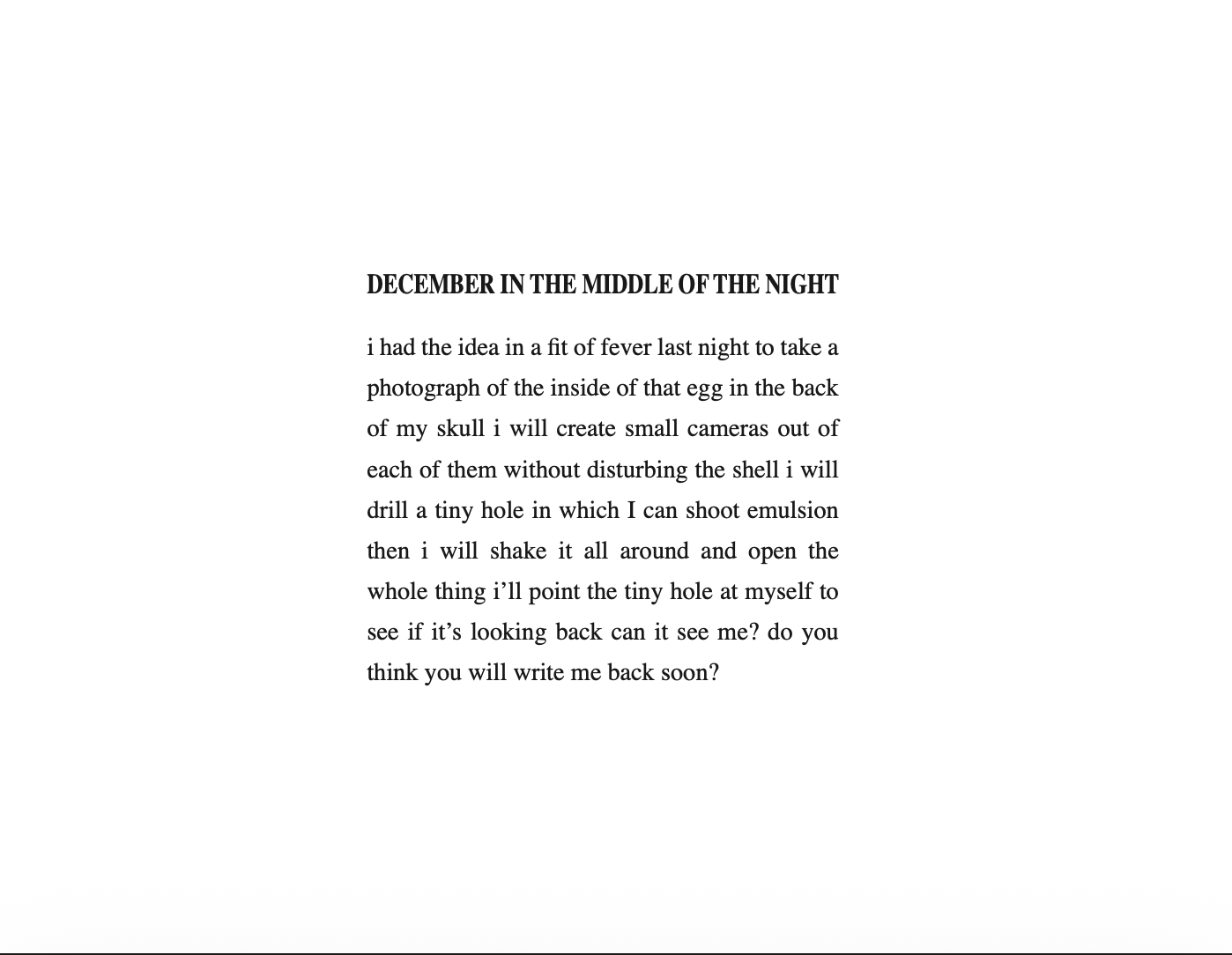 A page of text titled 'December in the Middle of the Night' with poetic writing about taking a photograph of an egg inside a skull and creating small cameras.