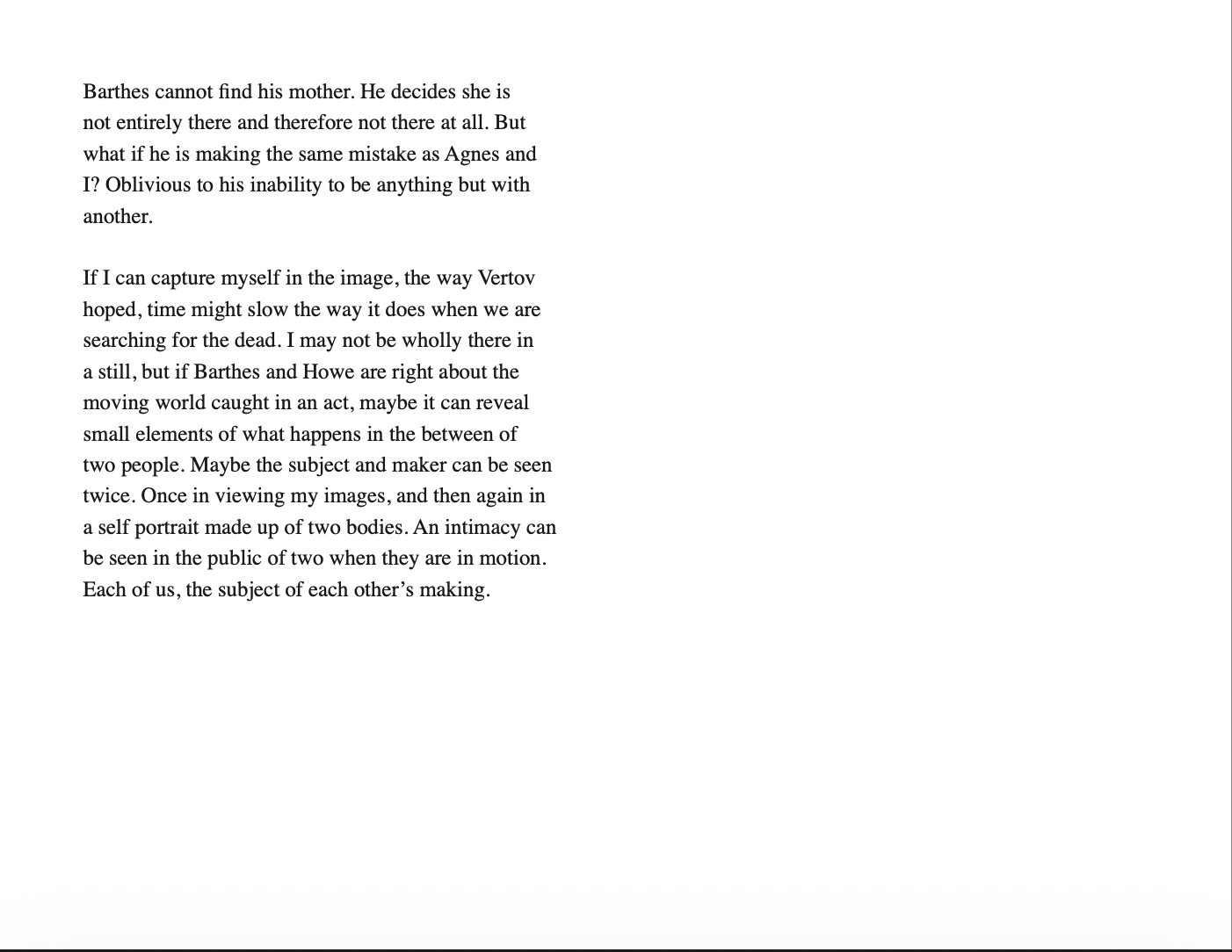 A page of text discussing philosophical ideas and artistic concepts related to capturing images, self-portraits, and the movements of two people.