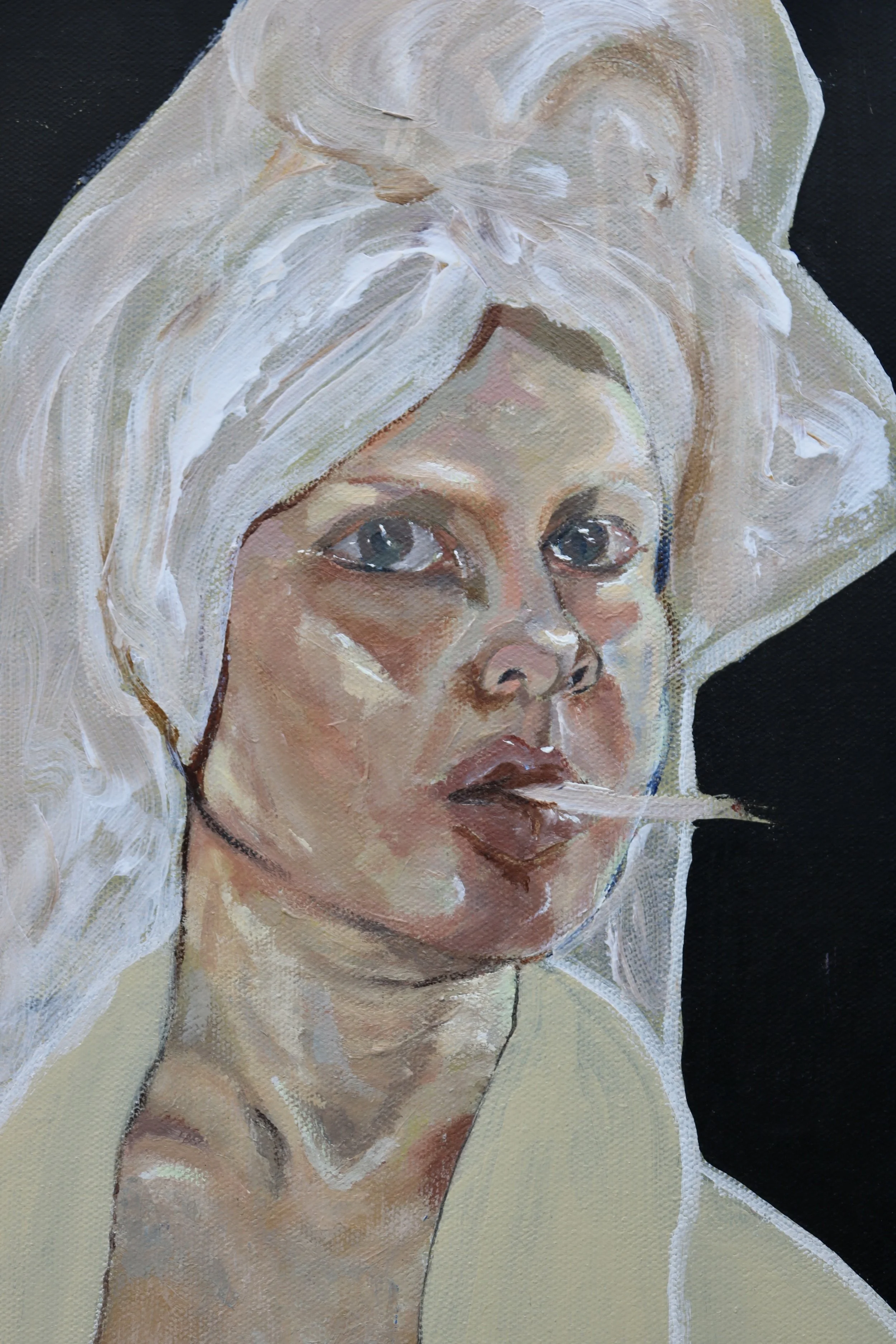 A portrait painting of a woman with long, wavy blonde hair, blue eyes, and fair skin, with a neutral expression, wearing a light-colored top against a dark background.