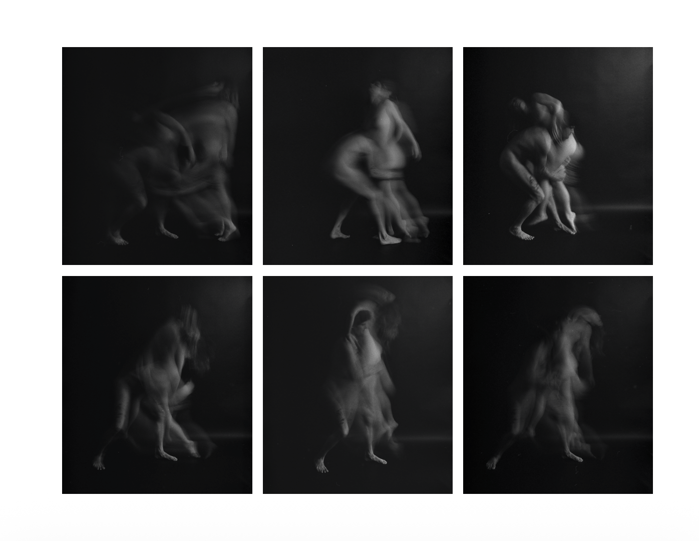 Six black and white photographs arranged in a 3x2 grid showing a slow-motion sequence of a person and a dog interacting against a dark background.