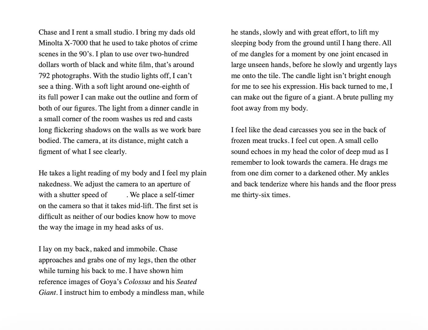 A two-page spread of a printed book with text on both pages discussing photography and a person named Chase. The left page describes setting up a camera in a dimly lit room and capturing images of a person's body, while the right page details a scene