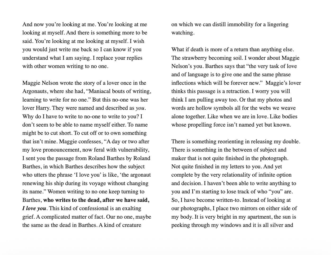 Page of a book or document with extensive text, discussing themes of love, writing, identity, and metaphors related to death and reflection.