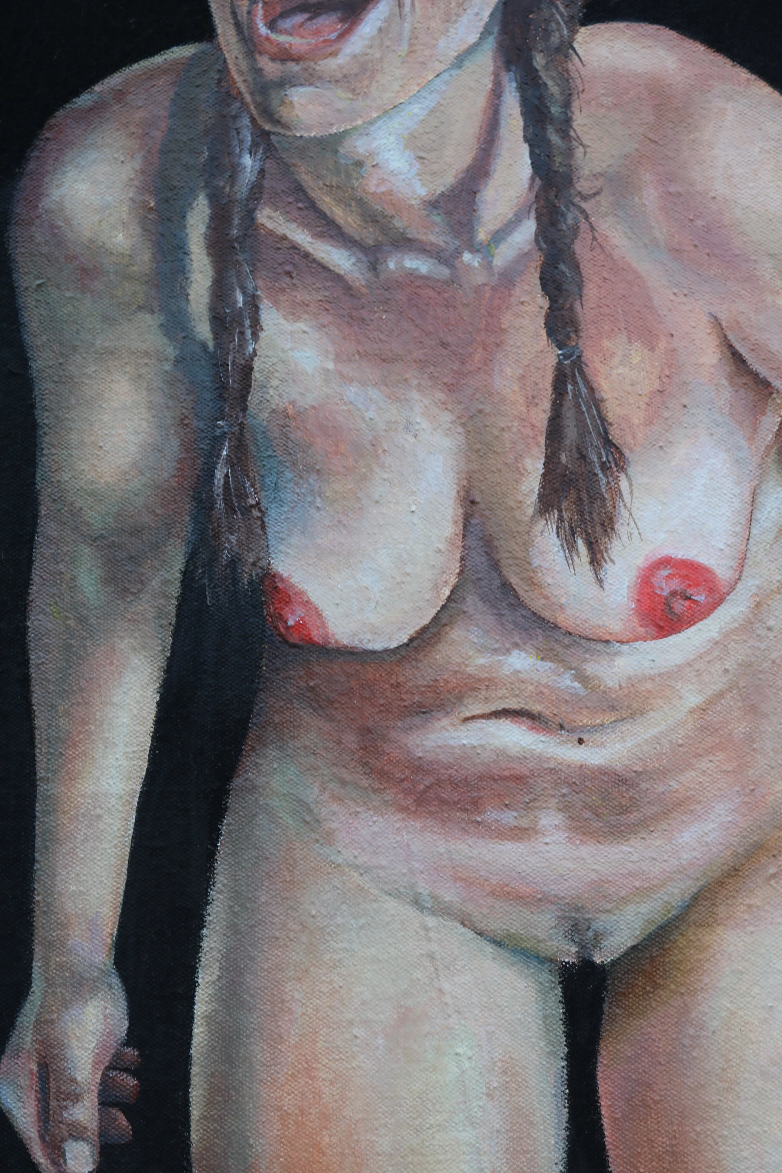 A close-up painting of a topless woman with long braided hair, showing her face, shoulders, and chest.