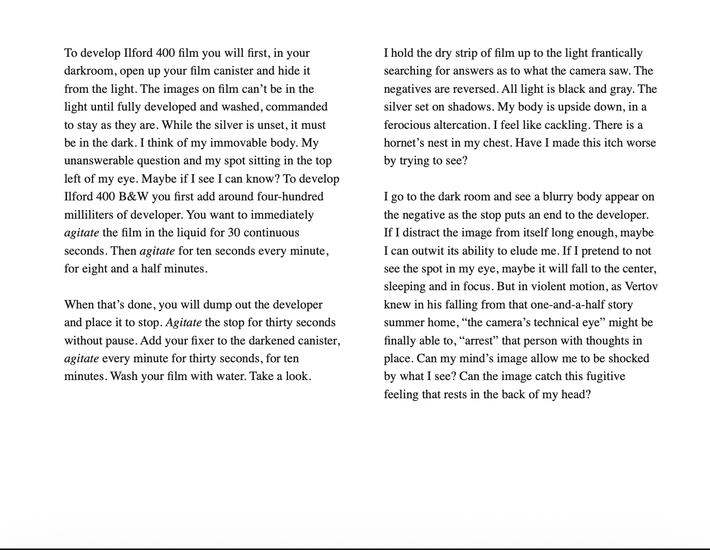 Page of a manual or guide with instructions on developing Ilford 400 film, including steps involving darkroom process, exposure, and handling the film, with some descriptive text about examining negatives and handling film canisters.