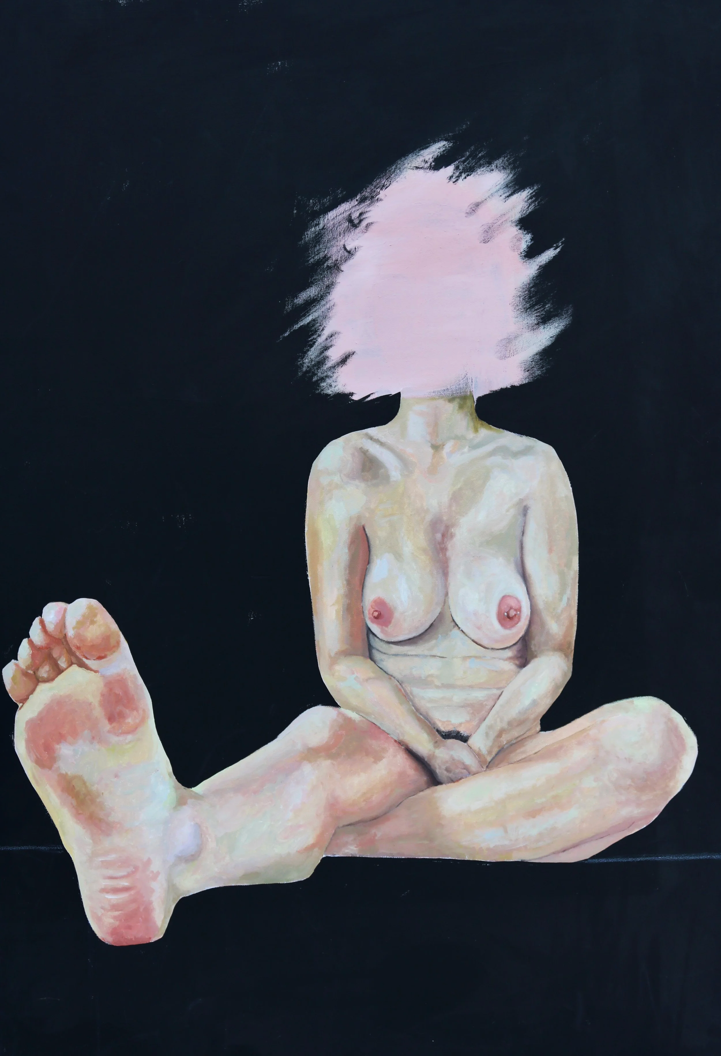 A painting of a nude woman with a faceless head sitting cross-legged among large, painted feet against a black background.