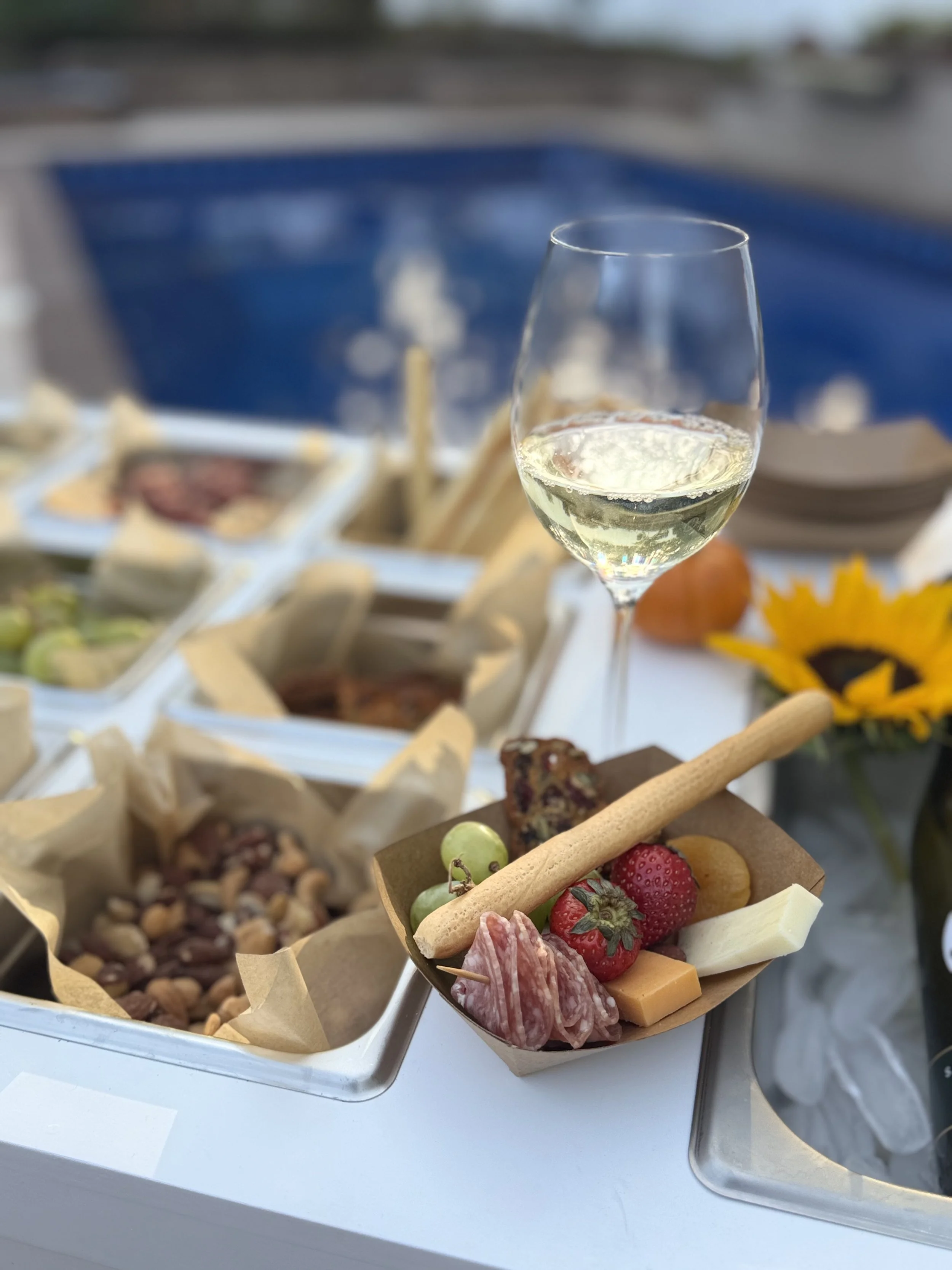 Charcuterie display with a glass of refresh wine.