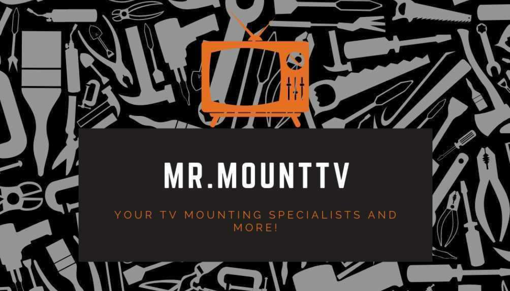 A business card or promotional graphic for Mr. Mount TV featuring a black background with tool illustrations and an orange retro television icon, with text promoting TV mounting services.