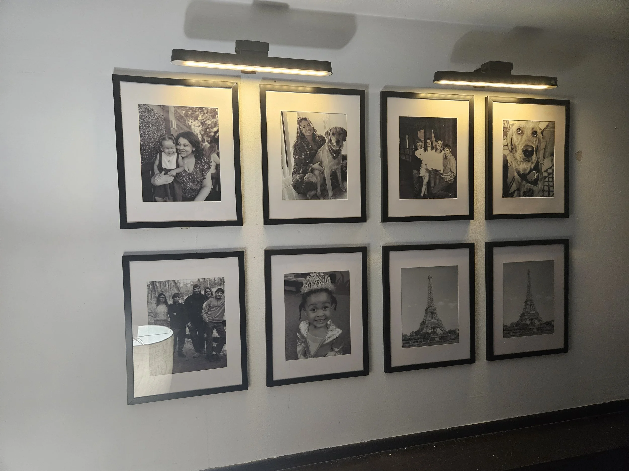 A wall decorated with eight black-and-white framed photographs arranged in two rows of four. The top row is illuminated by two overhead lights, highlighting images of people and a dog. The bottom row features a group of people, a young girl, and imag