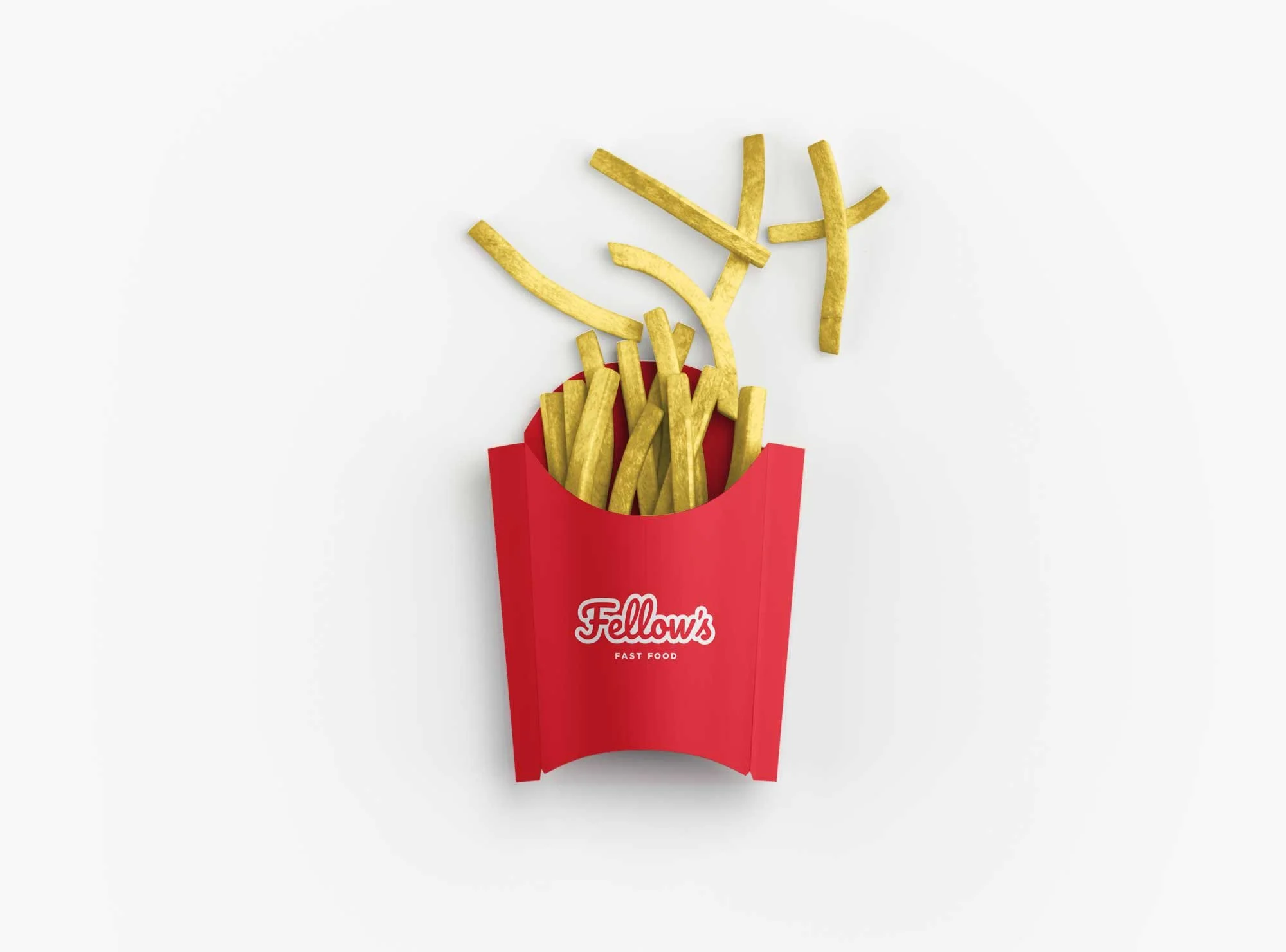 Papas fritas en una caja roja con el logo de Fellow's