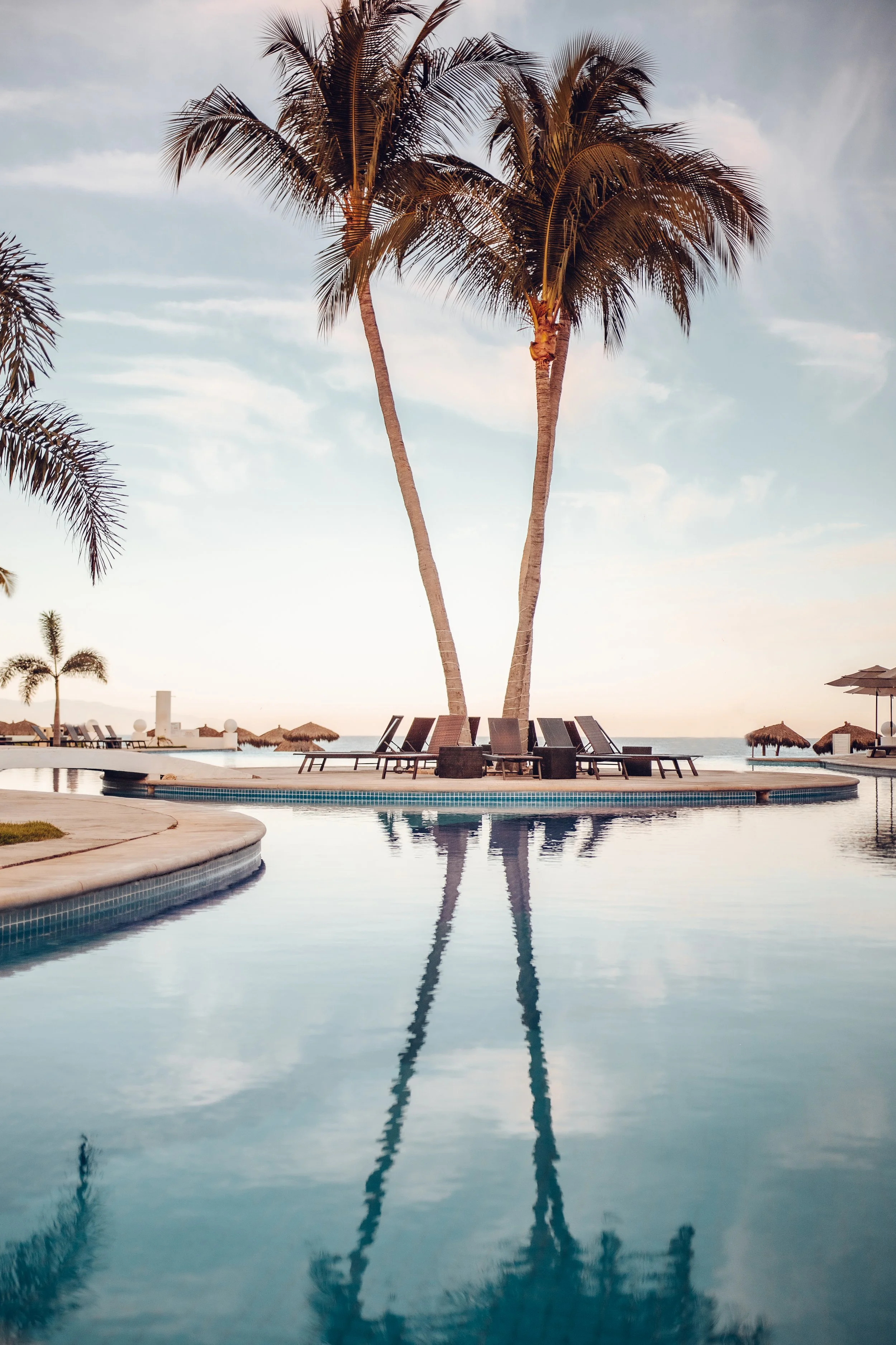 Piscina con vista al mar y dos palmeras en el centro, varias tumbonas alrededor y sombrillas en el fondo, cielo despejado y ambiente relajante