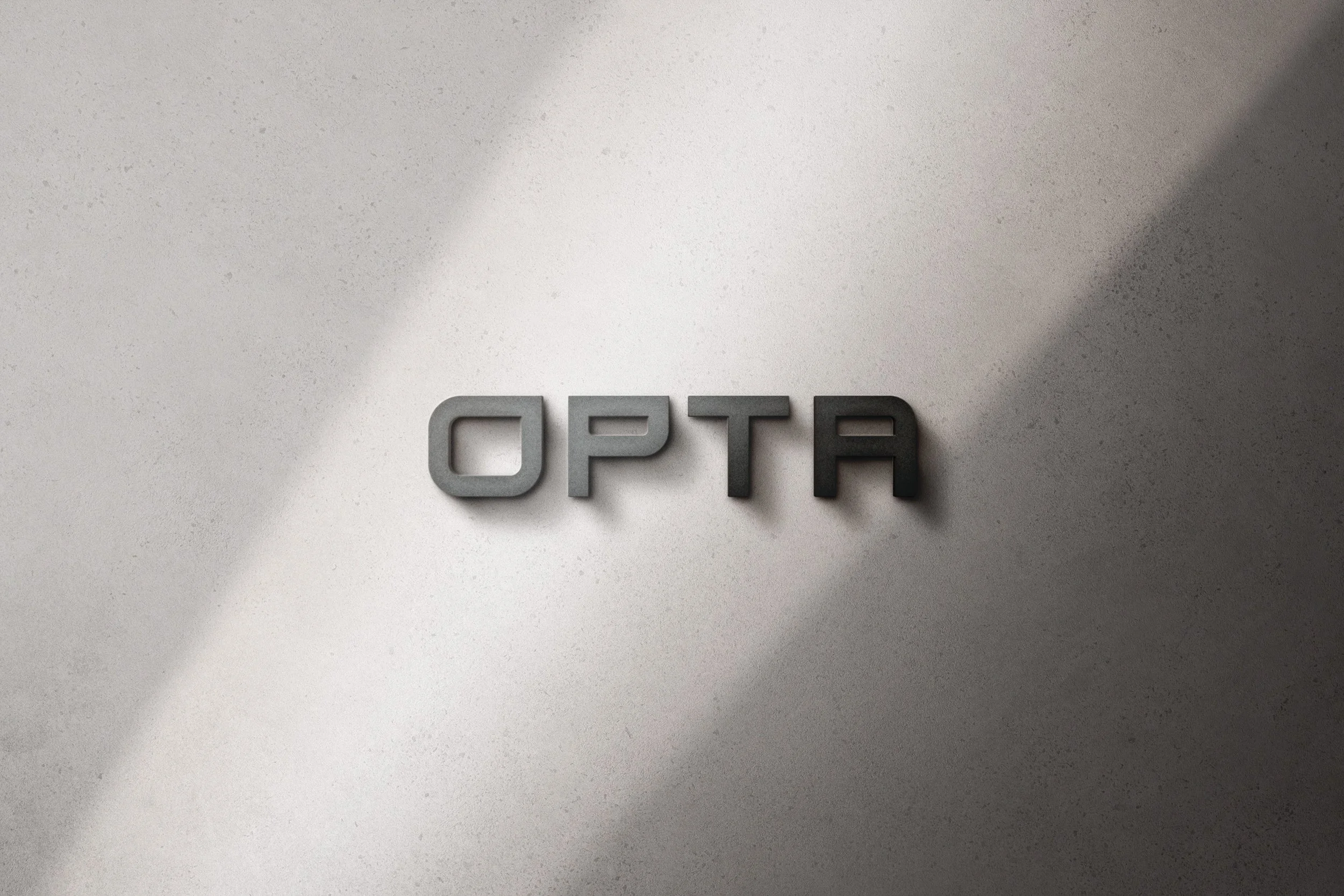 Texto 'OPTA' en letras negras sobre fondo gris con sombra y efecto de luz.