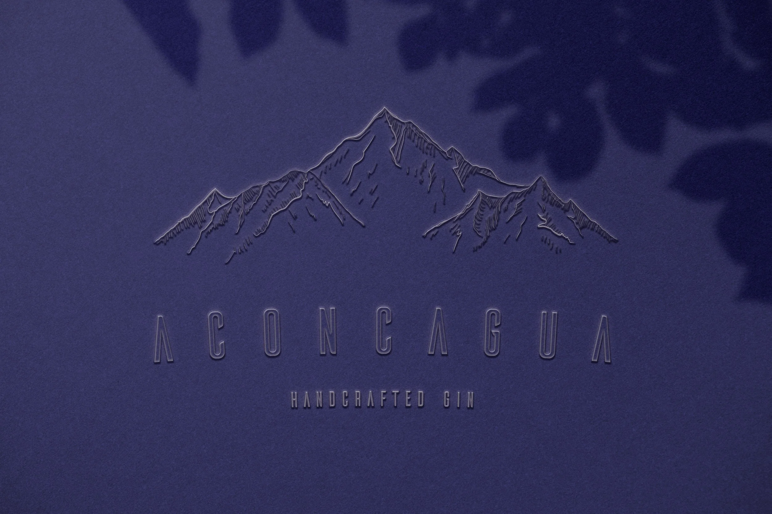 Paquete azul con un dibujo de montañas en relieve y las palabras 'Aconcagua' y 'Handcrafted Gin'