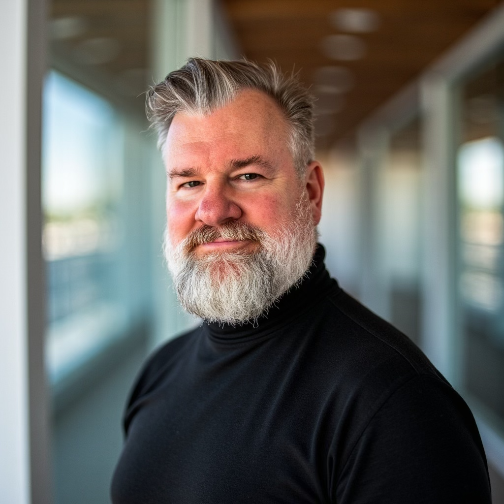 A middle-aged man with a beard and gray hair, wearing a black turtleneck, standing in a corridor with glass windows, looking at the camera.