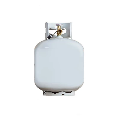 A white propane gas tank with a valve and regulator on top.