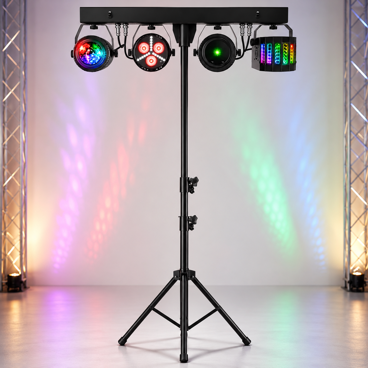 Lighting equipment including four stage lights on a black stand, with colorful spotlights casting lights onto a white backdrop.