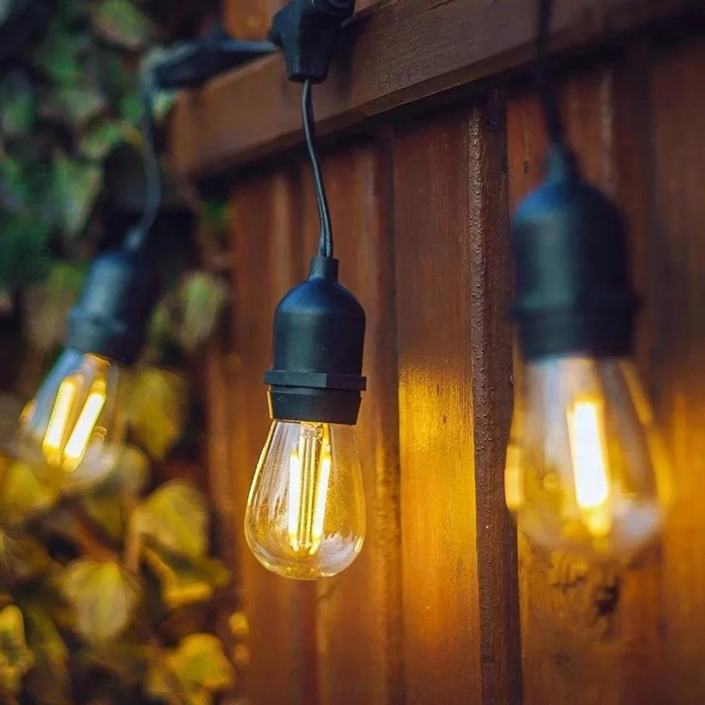 Close-up of hanging string lights with glowing filament bulbs against a wooden fence and green foliage background.