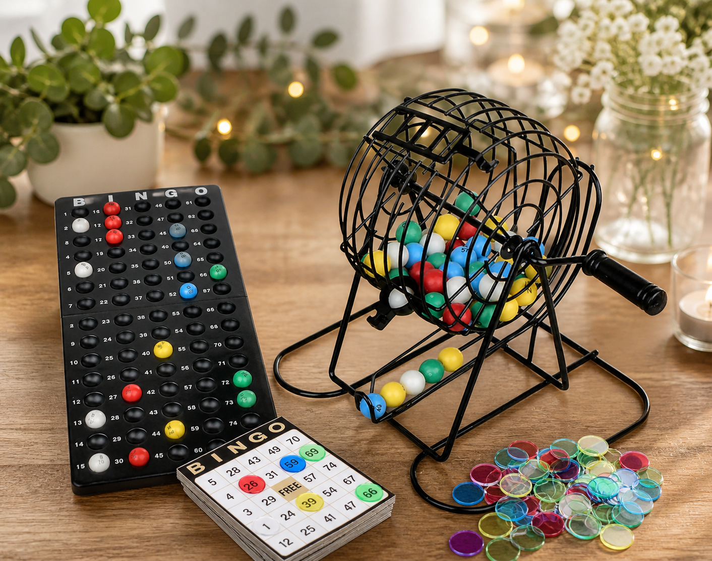 A bingo game setup on a wooden table, including a bingo cage with multicolored balls, a bingo number draw board, a set of bingo number chips, and a small glass of candles and potted plants in the background.