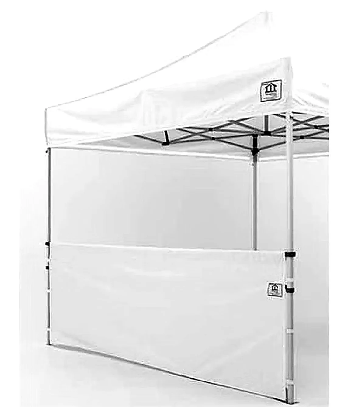 A white outdoor pop-up canopy tent with a side wall, set up against a plain white background.