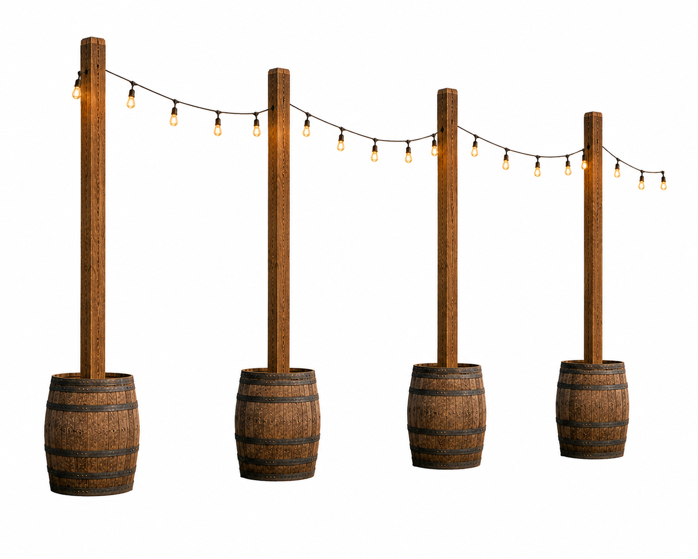 String of outdoor string lights hanging from four wooden posts mounted on decorative barrels, isolated on a white background.