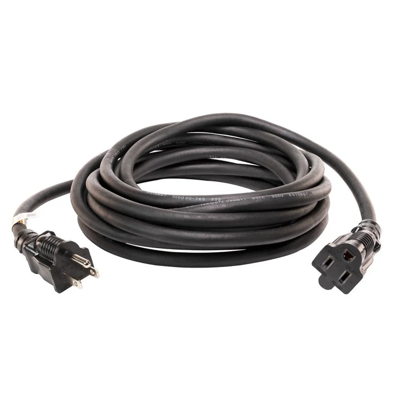 A coiled heavy-duty black power extension cord with a standard three-prong plug and a corresponding outlet end.