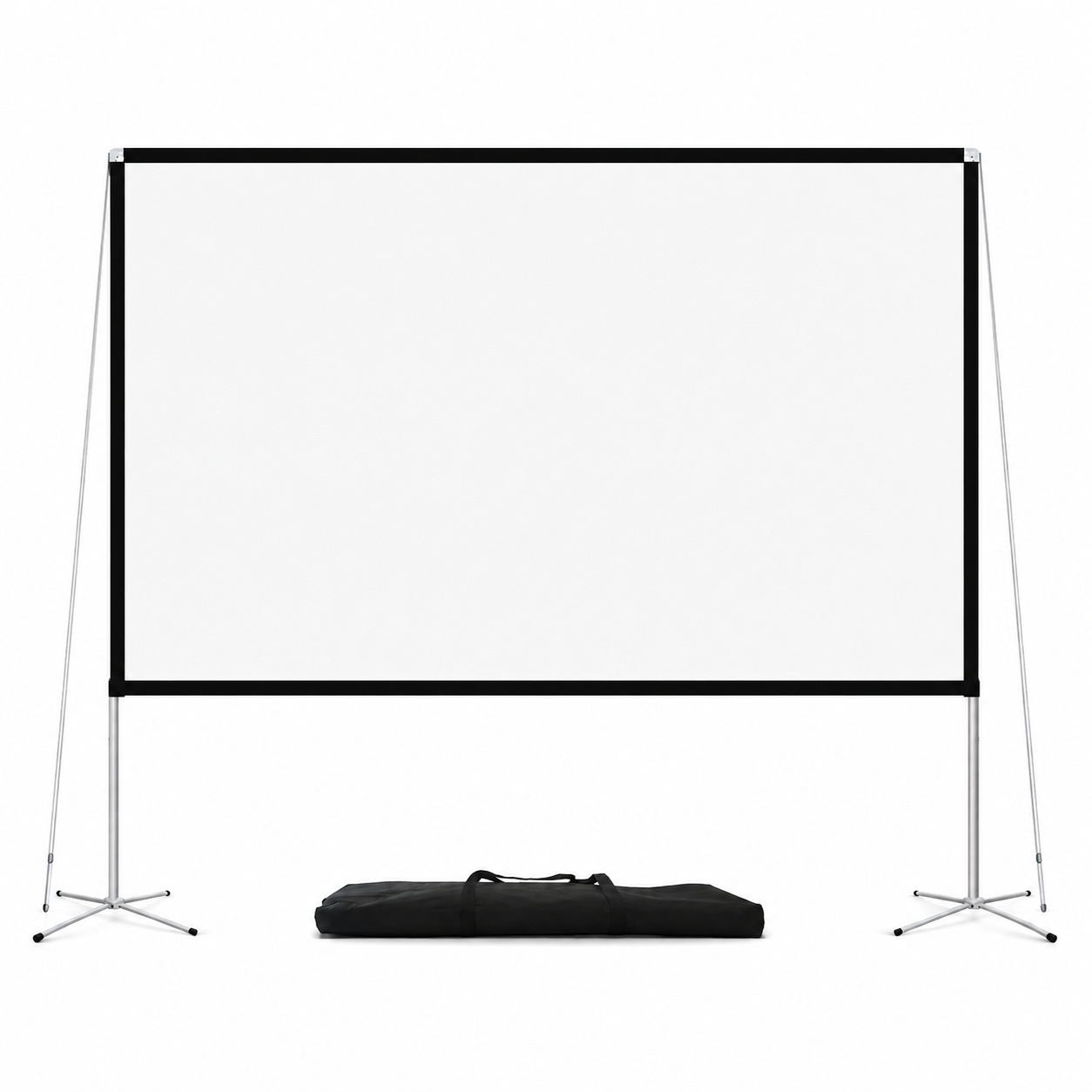 A portable projection screen with a black border, supported by two adjustable metal stands, and a carrying bag placed below it.