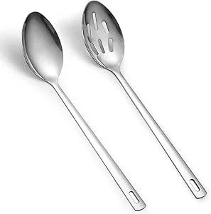 Two stainless steel spoon and slotted spoon with long handles on a white background.