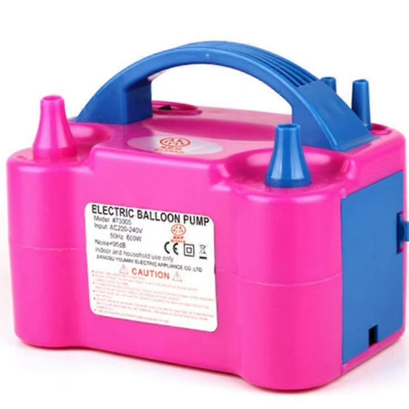 Pink and blue electric balloon pump with handle and warning labels.