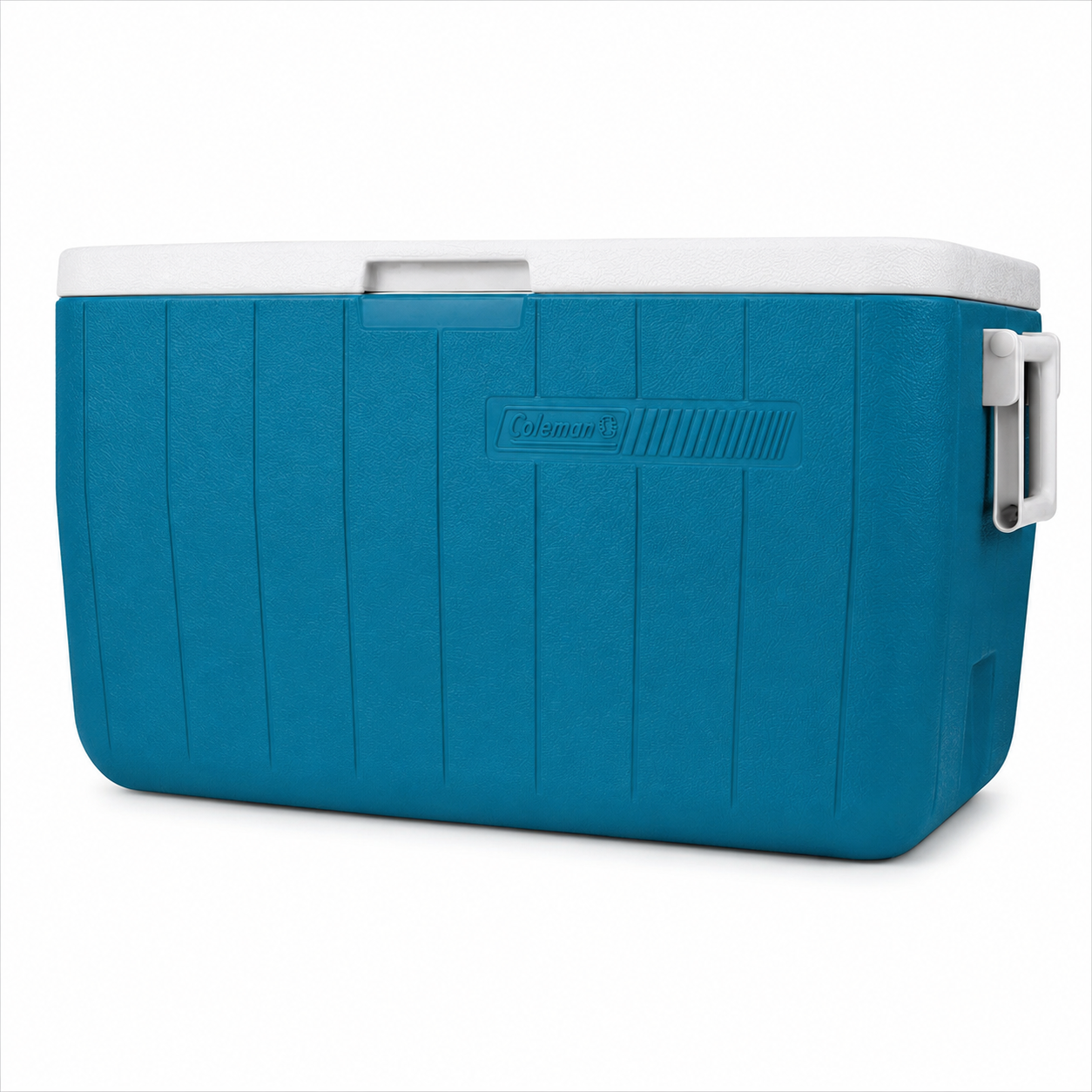 Blue Coleman cooler with a white lid and handle on the side, positioned against a white background.