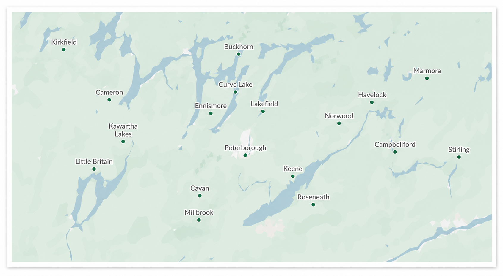 Map showing various towns and lakes, including Kirkfield, Buckhorn, Marmora, Havelock, Norwood, Campbellford, Stirling, Keene, Roseneath, Millbrook, Cavan, Little Britain, Kawartha Lakes, Cameron, Ennismore, Peterborough, Lakefield, Curve Lake, and Kirkfield in a region with many lakes and waterways.