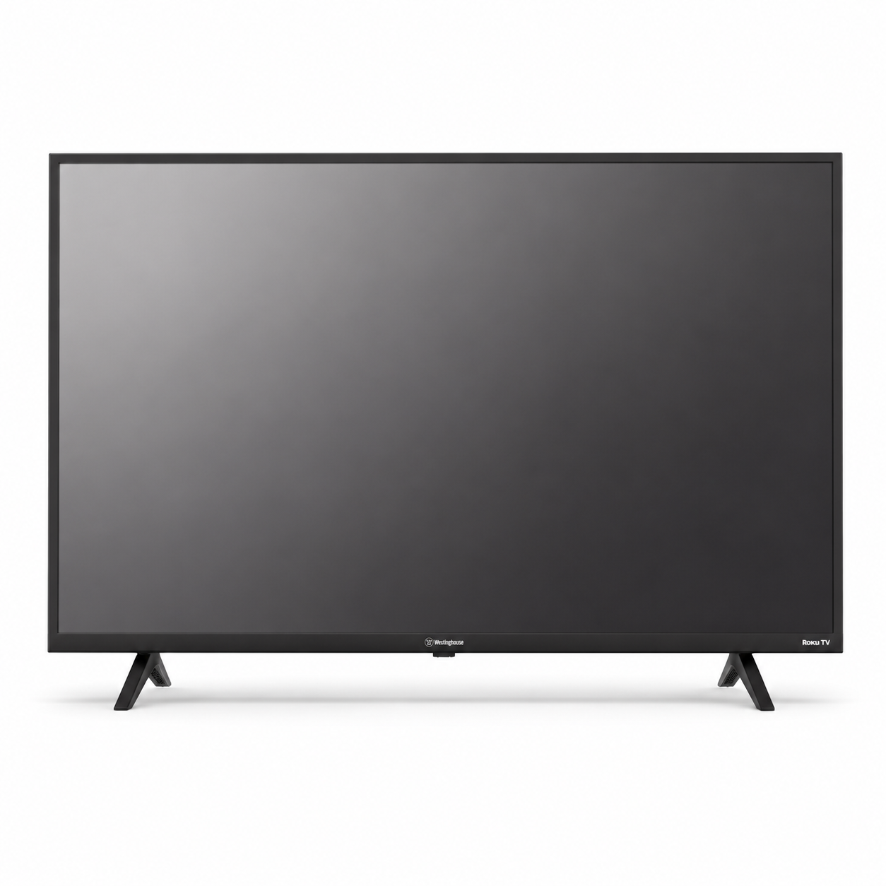 A flat-screen television with a black frame and two angled legs, placed against a white background.