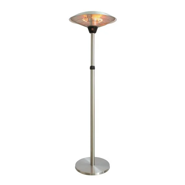 Free-standing outdoor patio heater with a round heating element and a metal pole.