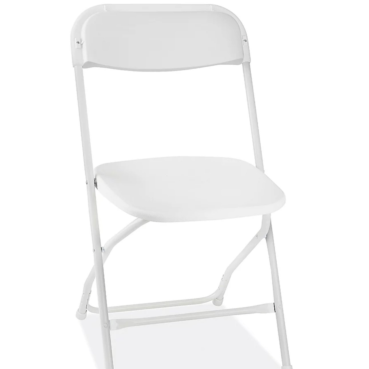 White folding chair with metal frame and plastic seat and backrest.