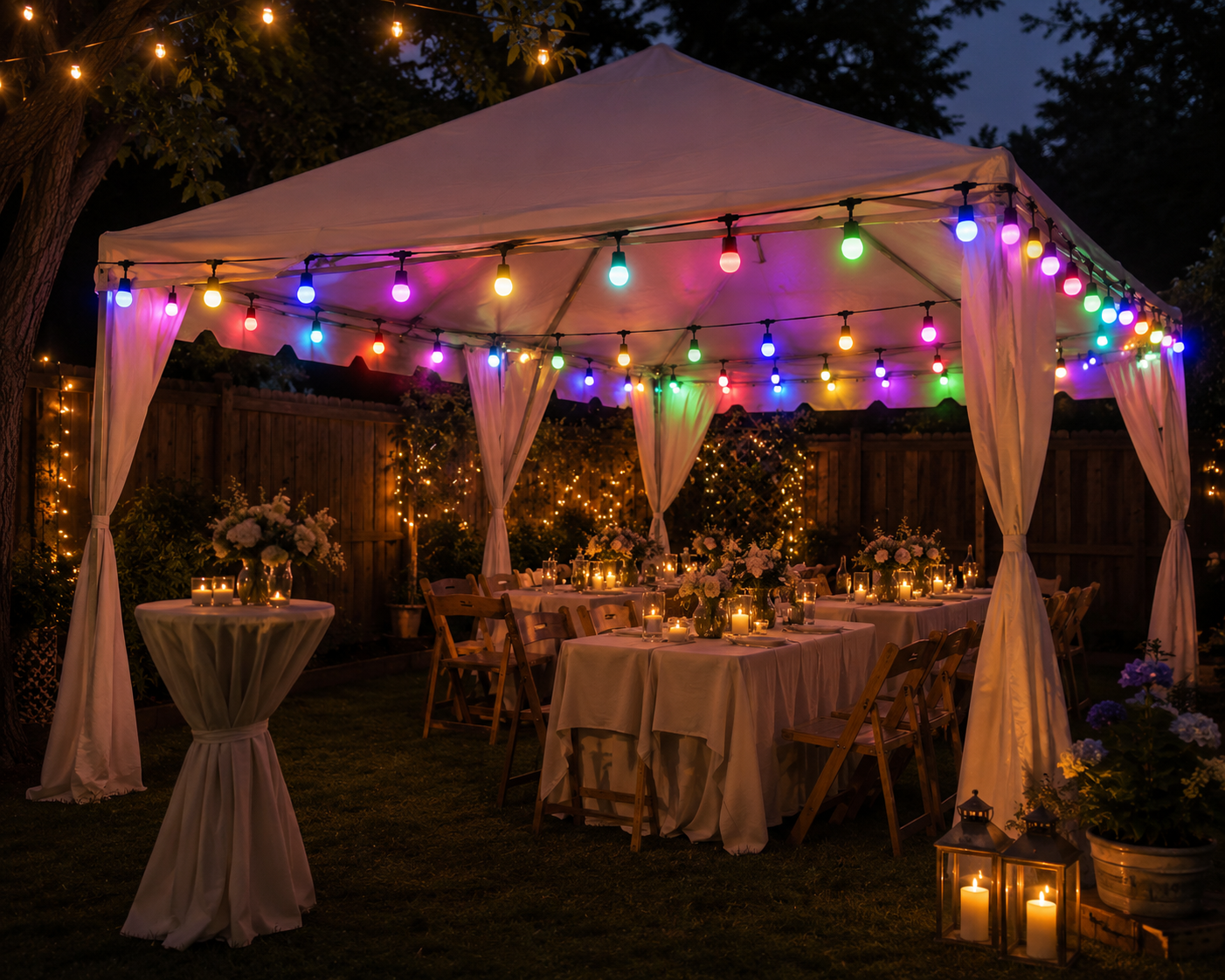 An outdoor evening celebration setup with a white canopy decorated with colorful string lights, surrounded by tables with white tablecloths, floral centerpieces, and candlelit lanterns.