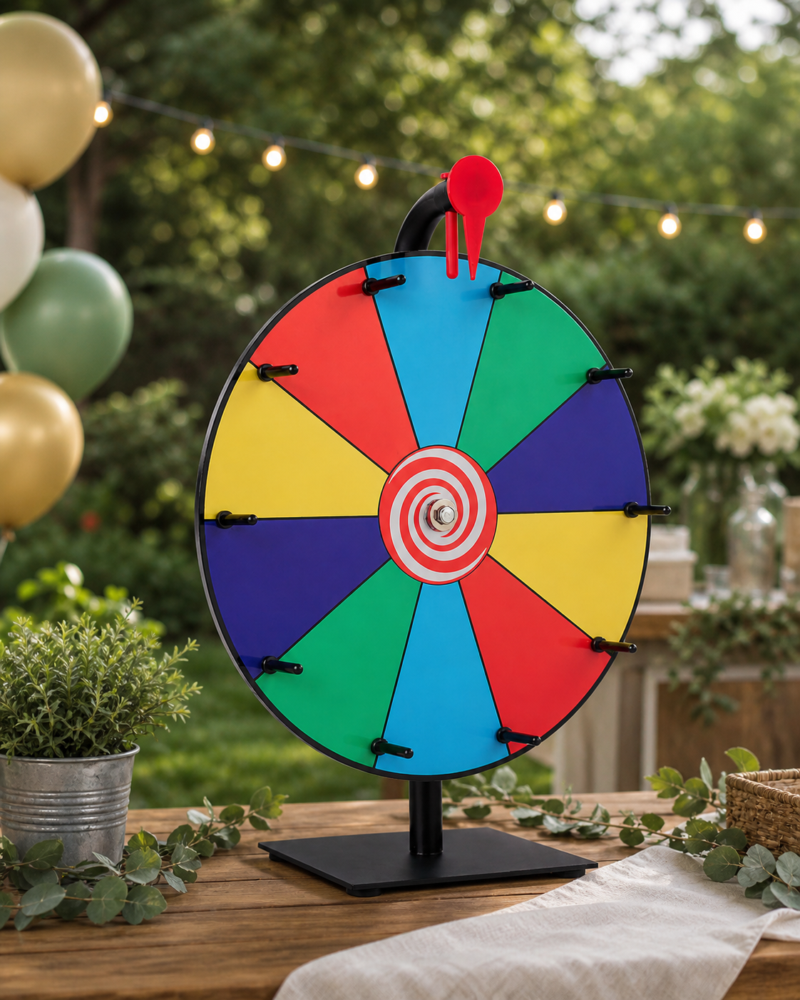 Colorful spinning wheel game with multiple segments, placed outdoors on a table with balloons and greenery in the background.