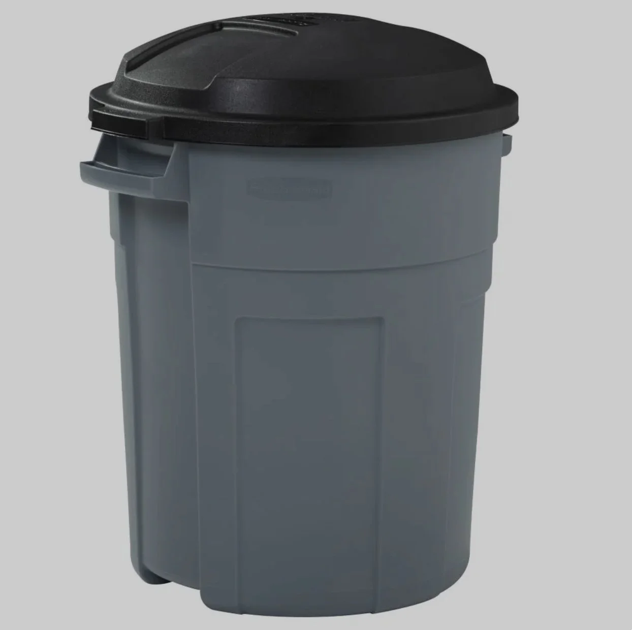 A gray trash can with a black lid.