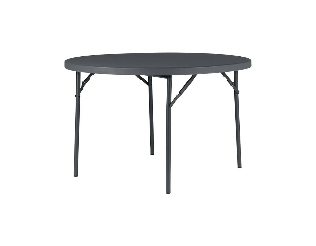 A black foldable camping table with a round tabletop and metal legs.