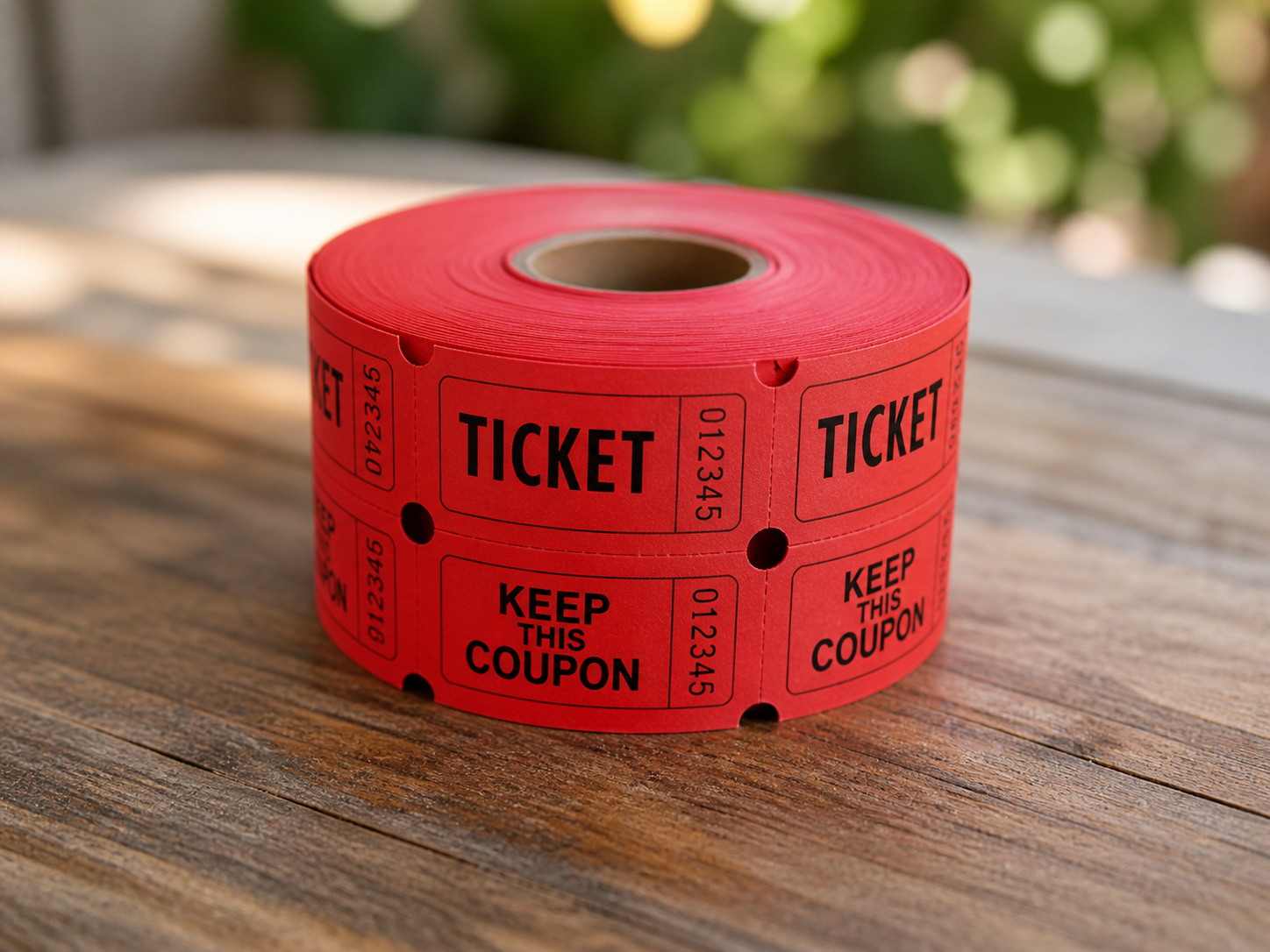 A roll of red tickets with the words 'TICKET' and 'KEEP THIS COUPON' printed on them, placed on a wooden surface with a blurred outdoor background.