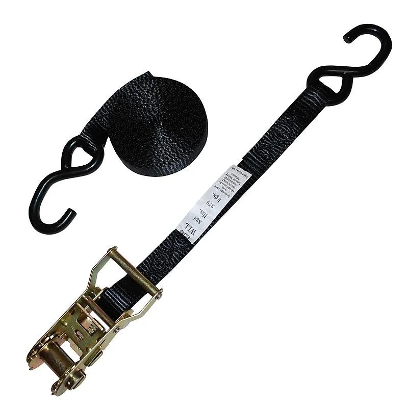 A black ratchet strap with hooks on both ends and a tightening mechanism in the middle.