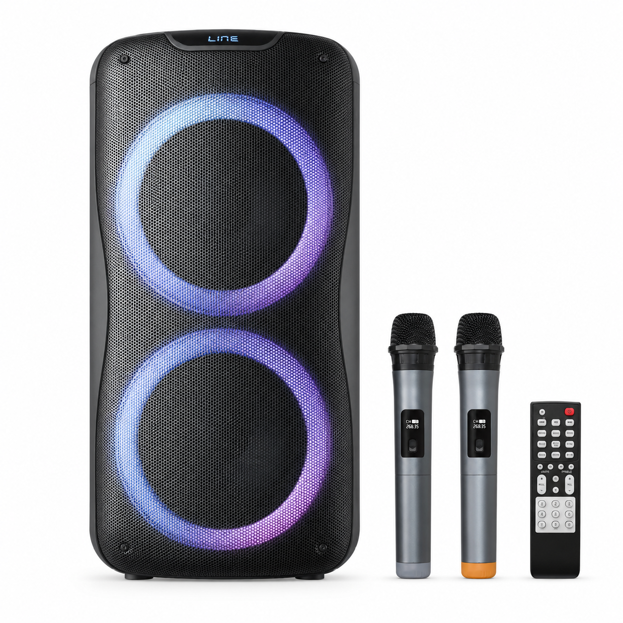 Large portable speaker with illuminated blue and purple rings, two wireless microphones, and a remote control.