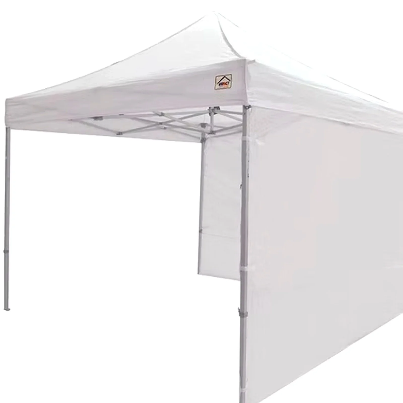 A white pop-up canopy tent with metal frame and side walls.