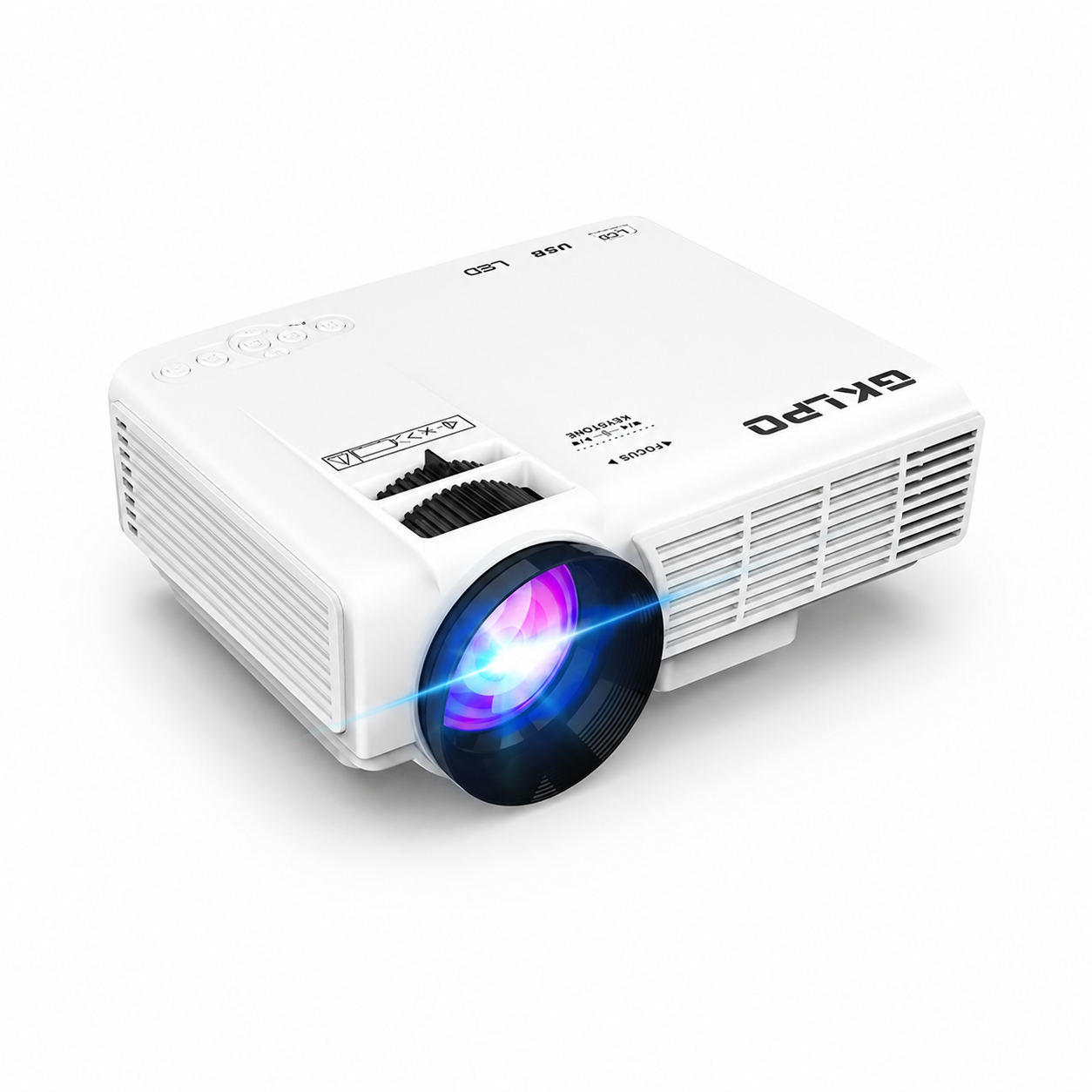 White VPL broadened projector with lens emitting blue and purple light, placed on a white background.