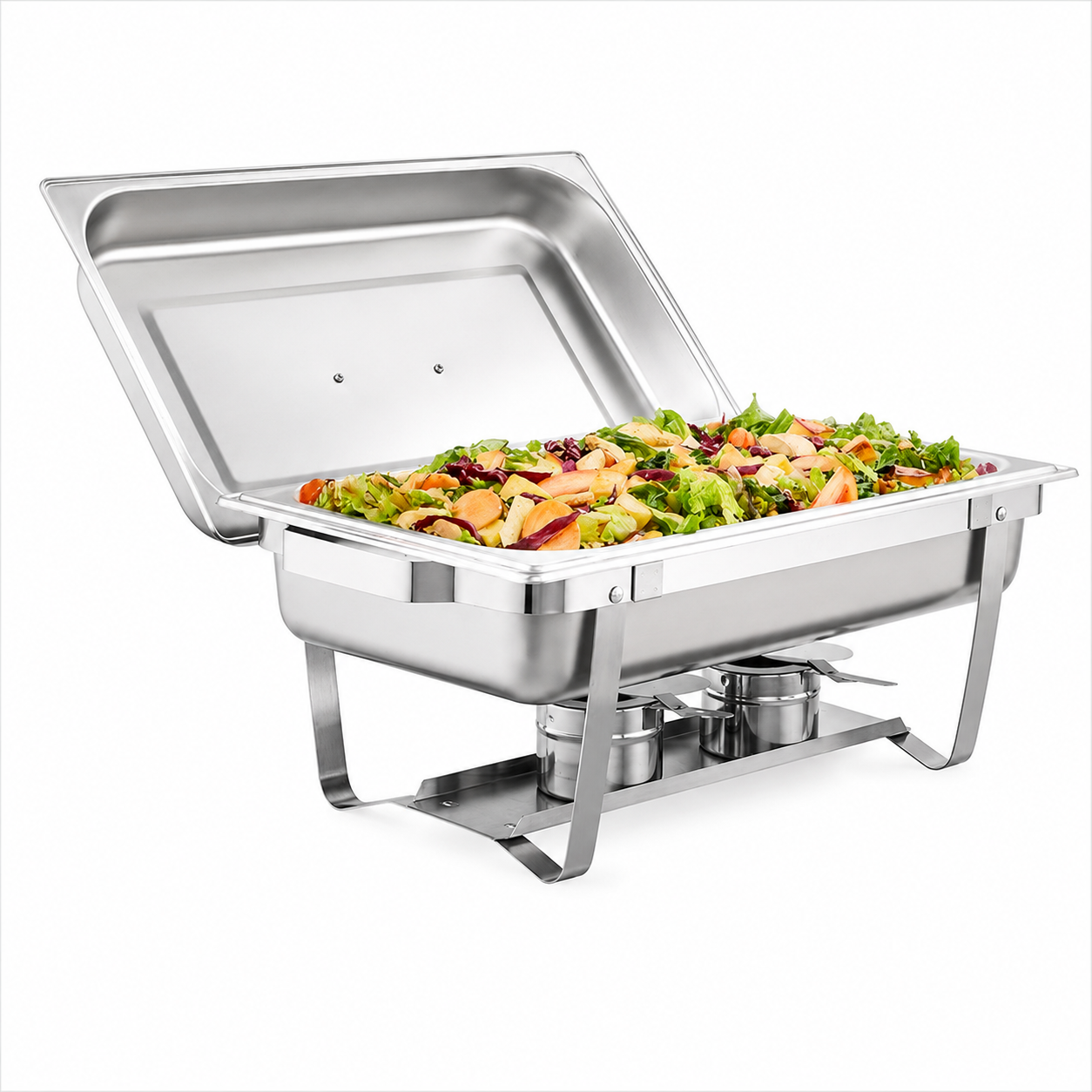 Stainless steel buffet chafing dish filled with mixed salad, with a lid propped open against a white background.