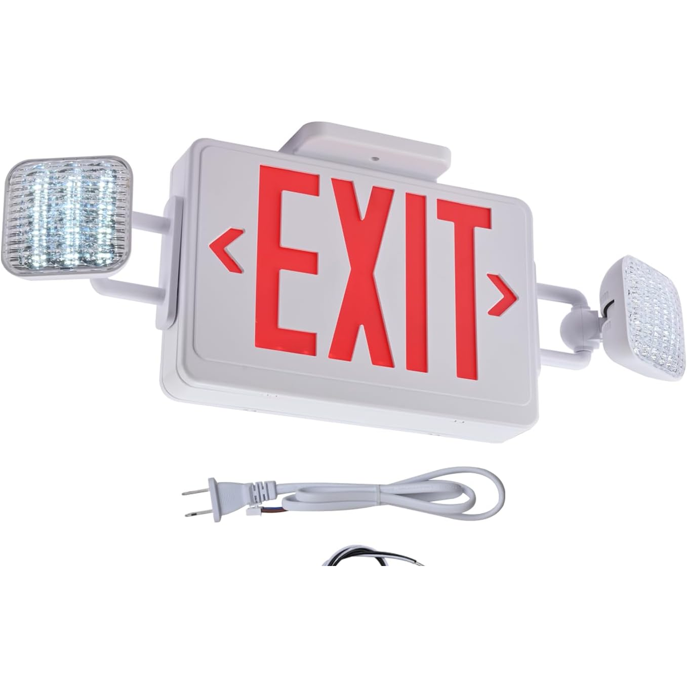 White emergency exit sign with red letters and arrows, with lights on either side, and an electrical cord underneath.