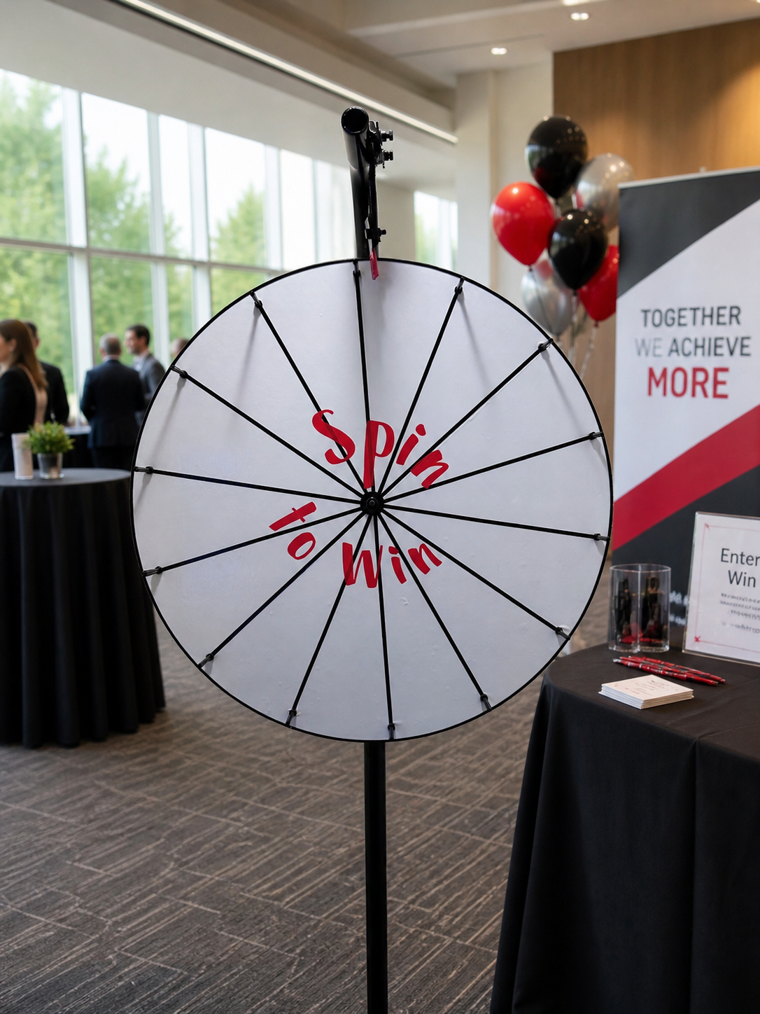 A spinning wheel with the words 'Spin to Win' written on it, set up at an indoor event with people in the background, black and red balloons, and a sign that says 'Together We Achieve More'.